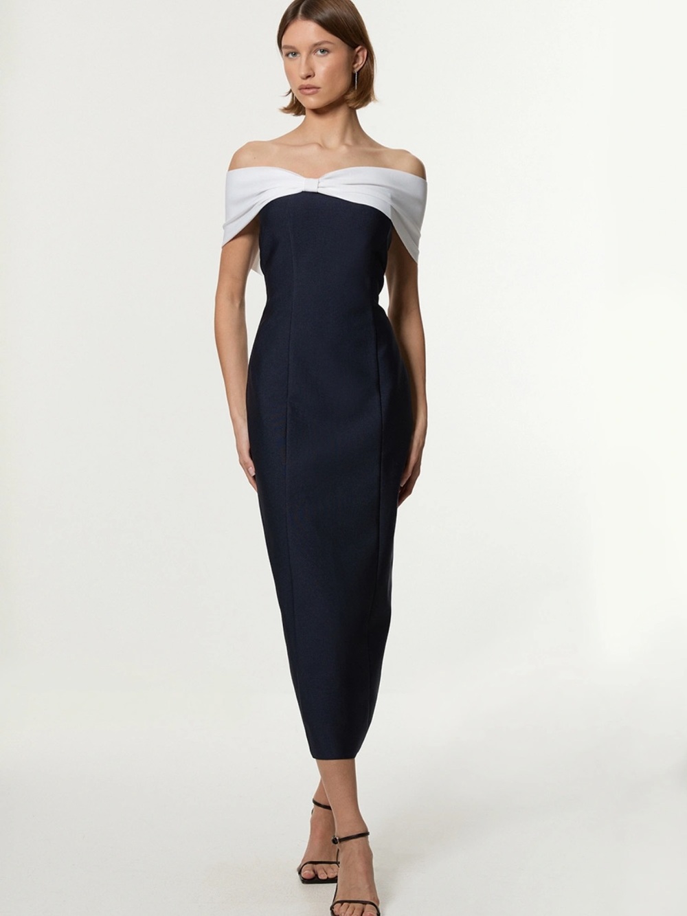 Karen Millen Petite XS. Bandage Bandeau Contrast Midi Dress. Navy with White.